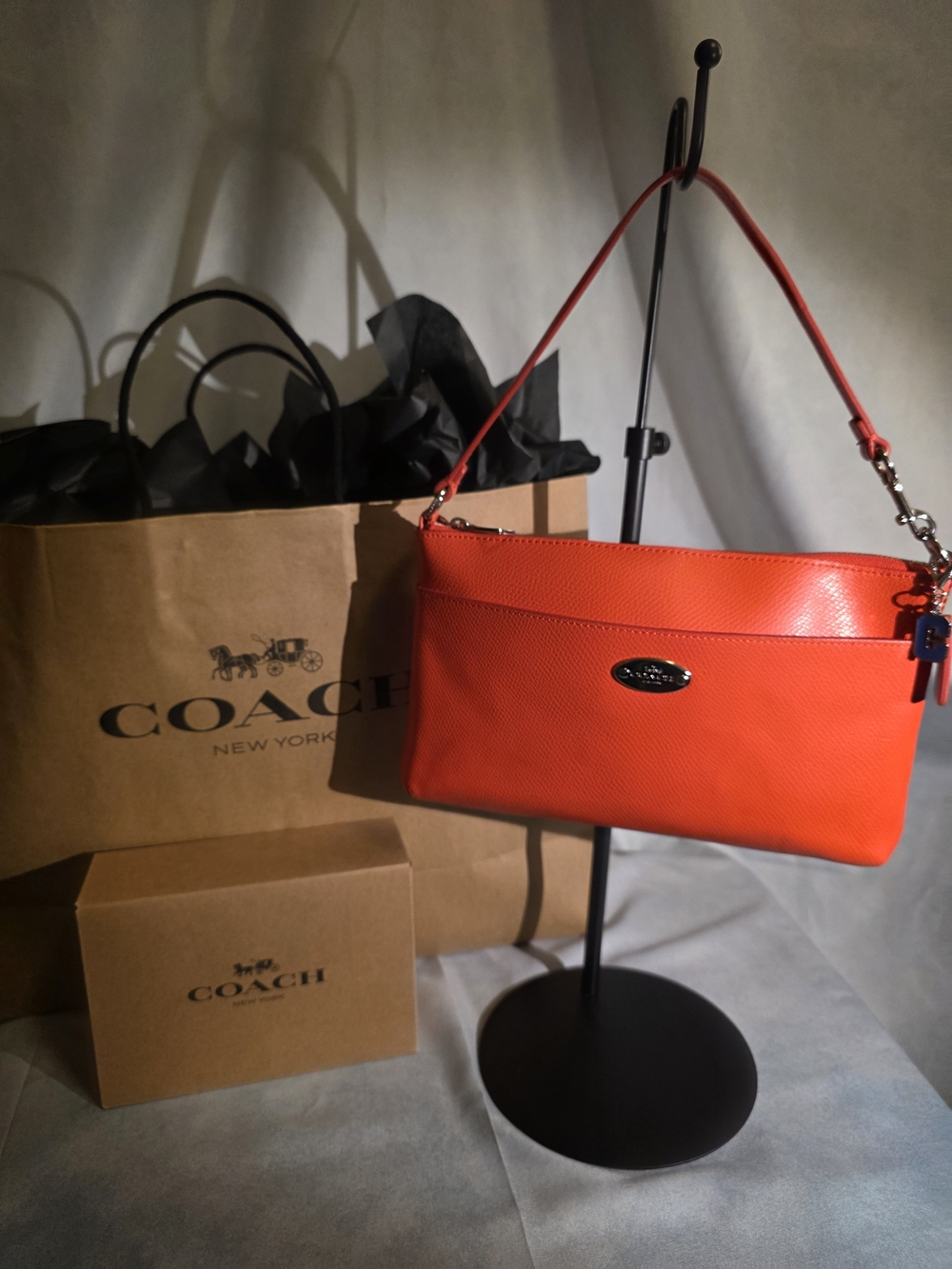 Coach Orange-Red Leather Shoulder Bag with Logo Plaque